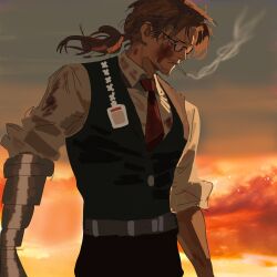  1boy arthropod_limbs belt black_pants black_vest blood blood_on_clothes blood_on_face brown_eyes brown_hair cigarette clouds collared_shirt commentary_request cowboy_shot facial_hair from_side glasses gregor_(project_moon) highres id_card limbus_company looking_to_the_side low_ponytail male_focus mashumarohantaa_wa_yuku necktie orange_sky pants ponytail project_moon red_necktie semi-rimless_eyewear shirt sky smoke smoking solo stubble sunset vest white_shirt 