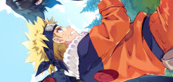  3boys black_hair blonde_hair blue_eyes blue_headband carnelian clenched_teeth commentary_request facial_mark forehead_protector hatake_kakashi headband jacket male_focus multiple_boys naruto_(classic) naruto_(series) orange_jacket pouch sideways teeth uchiha_sasuke uzumaki_naruto whisker_markings 