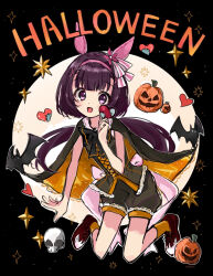  1girl :d absurdres animal_ears back_bow bat_(animal) black_background black_bow black_bowtie black_cape black_shirt black_shorts blunt_bangs blush bow bowtie brown_hair brown_shoes cape commentary ear_bow ear_covers ear_flower ear_ornament english_text full_body hair_ornament hairband halloween halloween_costume hand_up heart highres holding holding_heart horse_ears horse_girl horse_tail jack-o'-lantern kneeling looking_at_viewer moon morizu929 nishino_flower_(umamusume) open_mouth outline pink_hairband puffy_shorts pumpkin shirt shoes short_hair shorts skull sleeveless sleeveless_shirt smile socks star_(symbol) tail two-sided_cape two-sided_fabric umamusume untranslatable_commentary violet_eyes white_bow white_outline x_hair_ornament yellow_socks 