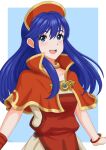  1girl blue_eyes blue_hair collarbone commentary fire_emblem fire_emblem:_the_binding_blade fire_emblem_heroes hair_between_eyes lilina_(fire_emblem) miven open_mouth red_headwear simple_background smile upper_body 