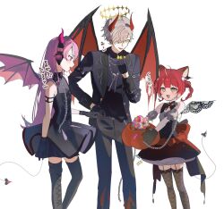  1boy 2girls :d akami_karubi animal_ears animal_hands arm_belt bag bare_shoulders bat_wings black_boots black_dress black_gloves black_pants black_thighhighs black_wings blush boots bow braid brother_and_sister candy chain chain_necklace commentary_request crazy_raccoon daruma_is_god demon_girl demon_horns demon_tail demon_wings dress elbow_gloves fang fishnets food garter_straps gloves gradient_eyes hair_between_eyes hair_over_one_eye halloween halloween_costume halo highres holding horns jacket jewelry key long_hair multicolored_eyes multiple_girls necklace open_mouth pants paw_gloves pink_hair red_hair red_ribbon ribbon sai_saburou selly55 siblings sleeveless sleeveless_dress smile standing tail thigh-highs thigh_boots translation_request twin_braids very_long_hair violet_eyes virtual_youtuber white_background wings yellow_eyes yellow_halo zettai_ryouiki 