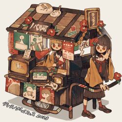  2girls artist_name blonde_hair blunt_bangs brown_hair brown_shoes cart cat commentary_request controller crt flower game_controller hair_flower hair_ornament haori highres instagram_username japanese_clothes jimini_shijimi lantern long_hair long_sleeves medium_hair megaphone multiple_girls open_mouth original paper_lantern pleated_skirt red_eyes red_socks ribbed_socks sailor_collar school_uniform serafuku shoes shouting_with_hands sign skeb_username skirt socks television translation_request twitter_username wide_sleeves 