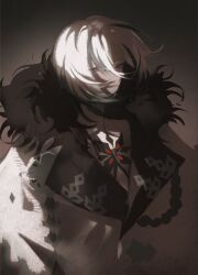  1girl arlecchino_(genshin_impact) black_eyes black_hair black_hands black_streaks coat colored_extremities commentary english_commentary fatui_coat fur-trimmed_coat fur_trim genshin_impact highres kkahow looking_at_viewer multicolored_hair red_pupils solo streaked_hair symbol-shaped_pupils two-tone_hair white_coat white_hair x-shaped_pupils 