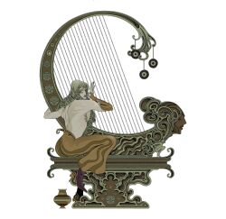  ankle_boots back_muscles boots eyeshadow fingerless_gloves full_body gloves greek_painting_style harp high_heels highres iliothermia instrument laurel_tattoo lips lipstick long_hair makeup mastectomy_scar original playing_instrument puffy_pants ringlets scar scar_on_chest simple_background sitting solo topless_male vase white_background 
