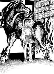  1girl 1other 2026 :| alley closed_mouth cyrano_(aazzss3) english_text expressionless fire greyscale highres horror_(theme) horse looking_to_the_side monochrome monster necktie neon_sign new_year original pleated_skirt school_uniform shoes skirt 
