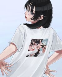  1girl black_hair closed_mouth commentary_request crew_neck ear_piercing earrings from_behind glasses grey_background hands_on_own_hips highres jewelry long_hair looking_back original photo_(object) piercing print_shirt red_lips shirt shisei_121 short_sleeves simple_background solo spiked_ear_piercing straight_hair t-shirt turning_head upper_body white_shirt 