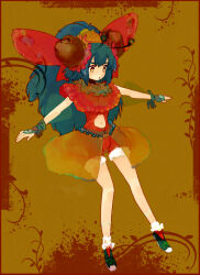  1girl antennae arthropod_girl brown_background clothing_cutout commentary_request fingerless_gloves full_body fur-trimmed_shorts fur_trim gloves green_gloves green_hair green_shoes head_wings long_hair looking_afar navel navel_cutout open_mouth original outstretched_arms red_shirt red_shorts red_wings shirt shoes shorts sleeveless sleeveless_shirt solo spread_arms tcmk wings yellow_eyes 