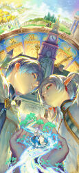  1other 3girls 5boys absurdres ba_xiao blue_eyes blue_hair building character_name chinese_commentary cloak clock clock_tower closed_mouth commentary cupping_hands dwarf earrings eisen_(sousou_no_frieren) eye_contact fern_(sousou_no_frieren) flamme_(sousou_no_frieren) frieren green_eyes grey_hair heiter highres himmel_(sousou_no_frieren) jewelry looking_at_another multiple_boys multiple_girls multiple_views own_hands_together pointy_ears pov pov_hands sousou_no_frieren stark_(sousou_no_frieren) statue teardrop_earrings tower 