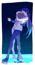  2girls absurdres black_pants black_shoes blue_hair brown_hair closed_eyes highres hug ice_skates kamisaki_hikaru long_hair medal medalist_(manga) multiple_girls pants pink_shirt sashimi_kimochi shirt shoes short_hair skates white_pants white_shirt white_shoes yuitsuka_inori yuri 