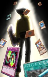  1boy absurdres black_hair card censored censored_identity character_request commentary dark duel_disk english_commentary facing_to_the_side feet_out_of_frame floating_card foreshortening from_behind hair_slicked_back head_tilt highres magic_cylinder male_focus medium_sideburns misawa_daichi niccon_art_guy perspective pointless_censoring school_uniform short_hair sideburns smirk solo spotlight symbolism water_dragon_(yu-gi-oh!) yu-gi-oh! yu-gi-oh!_gx 