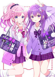  2girls absurdres animal_print arm_up bag blue_eyes bow bowtie cardigan cardigan_around_waist clothes_around_waist collared_shirt commentary_request cowboy_shot earrings english_text gochuumon_wa_usagi_desu_ka? gyaru hair_ornament hair_scrunchie hairclip hands_up highres holding_hands jewelry karede_yura knees kogal long_hair looking_at_viewer loose_bowtie loose_socks multiple_girls nail_polish open_mouth parallel_hairclips partially_unbuttoned pink_bow pink_hair pink_nails plaid_bow plaid_clothes plaid_skirt ponytail purple_cardigan purple_hair purple_pupils purple_skirt rabbit_hair_ornament rabbit_print ryoutan school_bag scrunchie shirt simple_background skirt socks standing standing_on_one_leg tedeza_rize v v_over_mouth violet_eyes white_background white_shirt wing_collar wrist_scrunchie x_hair_ornament 
