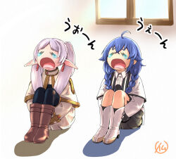  2girls =_= ahoge blue_hair boots braid brown_boots capelet commentary_request crossover crying earrings elf flower frieren frieren's_three-day_tantrum grey_hair hair_flower hair_ornament highres hugging_own_legs imzen jewelry knee_boots knees_up long_pointy_ears multiple_girls mushoku_tensei open_mouth parted_bangs pointy_ears roxy_migurdia signature sitting skirt sousou_no_frieren teardrop_earrings tears twin_braids twintails white_boots white_capelet white_skirt 