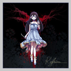  ankle_ribbon blood branch dark_background dress empty_eyes floating kyhira leaf leg_ribbon mari_(omori) omori ribbon smile tears 
