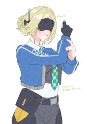  1girl alternate_costume alternate_hairstyle ashimi_fugo black_gloves black_pants blindfold_mask blonde_hair blue_jacket blush closed_mouth commentary_request cosplay covered_eyes fingerless_gloves gloves hair_bun highres jacket looking_at_viewer mask necktie pants police police_uniform policewoman shirt simple_background single_fingerless_glove solo trigger_(zenless_zone_zero) twitter_username upper_body white_background white_shirt zenless_zone_zero zhu_yuan zhu_yuan_(cosplay) 