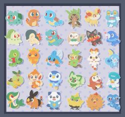  black_eyes bright_pupils browt bulbasaur charmander chespin chikorita chimchar claws colored_sclera cyndaquil fangs fennekin fire flame-tipped_tail froakie fuecoco gecqua grookey highres litten mudkip no_humans nostrils open_mouth oshawott piplup pokemon pokemon_(creature) pombon popplio quaxly red_eyes rowlet scorbunny snivy sobble sprigatito squirtle sukey_four tail tepig tongue tongue_out torchic totodile treecko turtwig waving white_pupils yellow_sclera 
