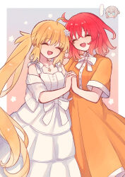  ... 1boy 2girls :3 ^_^ absurdres ahoge alternate_costume artoria_caster_(fate) artoria_pendragon_(fate) bare_shoulders blonde_hair blue_background border bow chest_bow closed_eyes commentary_request cowboy_shot dress fate/grand_order fate_(series) film_grain flower fujimaru_ritsuka_(female) gradient_background hair_bun hair_flower hair_ornament highres holding_hands jacket jewelry koromo_(osakana0525) long_hair multiple_girls necklace oberon_(fate) off_shoulder open_clothes open_jacket open_mouth orange_background orange_dress outside_border red_hair see-through_clothes see-through_jacket short_sleeves simple_background smile speech_bubble spoken_ellipsis sunglasses twintails very_long_hair white_border white_bow white_dress white_jacket 
