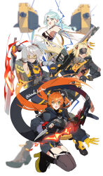  1other 4girls absurdres ahoge ammunition_pouch arm_up armpits asymmetrical_gloves bare_shoulders belt black_dress black_gloves black_hat black_horns black_pants blindfold_mask blonde_hair blue_eyes blue_hair braid breasts camouflage camouflage_jacket camouflage_pants clothing_cutout commentary_request covered_eyes curled_horns dragon_girl dragon_horns dress elbow_gloves electricity feet fingerless_gloves fire flower_hairpin from_behind full_body gloves glowing_mask goggles green_eyes grey_sleeves gun gunblade hair_between_eyes hair_ornament hairclip handgun harness hat highres holding holding_knife holding_sword holding_weapon horns jacket jumping knee_pads knife latex latex_pants long_hair looking_at_viewer looking_to_the_side magus_(zenless_zone_zero) mask mechanical_horns mechanical_tail mismatched_gloves multiple_girls navel open_mouth orange-tinted_eyewear orange_eyes orange_hair orange_pupils orphie_magnusson pants pointy_ears ponytail pouch rifle seed_(zenless_zone_zero) shrug_(clothing) side_cutout simple_background single_fingerless_glove sleeveless sleeveless_jacket smile sniper_rifle soldier_11_(zenless_zone_zero) soles solo standing standing_on_one_leg stirrup_legwear stomach suit sword tail thigh-highs thigh_cutout tight_clothes tight_pants tinted_eyewear toeless_legwear toes triangle_hair_ornament trigger_(zenless_zone_zero) twintails twitter_username weapon white_background white_gloves white_hair white_suit yellow-tinted_eyewear yellow_dress yellow_gloves zenless_zone_zero zipper_dress zipper_pull_tab zunda_kaku 