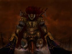  1boy ano68121619_ds armor breastplate commentary dual_wielding elden_ring faulds gauntlets greaves helmet highres holding long_hair pauldrons red_hair shoulder_armor solo starscourge_radahn 