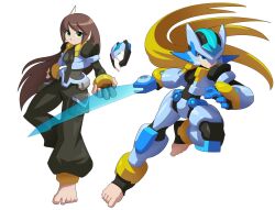  1girl 1other aile_(mega_man_zx) alternate_costume anklet armor baggy_pants barefoot black_bodysuit black_pants blonde_hair blue_armor blue_eyes blue_helmet blue_jacket bodysuit bracelet brown_hair commentary energy_sword english_commentary fingerless_gloves gloves green_eyes helmet highres jacket jewelry long_hair looking_at_viewer mega_man_(series) mega_man_zx mega_man_zx_advent model_z_(mega_man) pants pouch puffy_short_sleeves puffy_sleeves short-sleeved_jacket short_sleeves sword toeless_legwear ultimatemaverickx weapon 