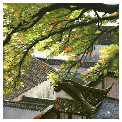  architecture border branch building east_asian_architecture falling_petals fangpeii from_above highres no_humans orange_petals original outdoors petals petals_on_ground scenery tile_roof tree white_border 