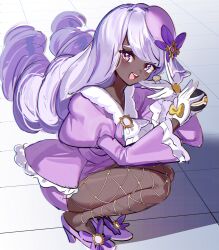  1girl absurdres blush breasts commentary_request dark-skinned_female dark_skin dress fascinator fishnet_pantyhose fishnets glove_bow gloves highres holding holding_poke_ball jacinthe_(pokemon) juliet_sleeves long_hair long_sleeves looking_at_viewer low_drills luxury_ball mega_stone open_mouth pantyhose poke_ball pokemon pokemon_legends:_z-a puffy_sleeves purple_dress purple_hair purple_shoes shoes smile solo squatting teeth toumyao_neko upper_teeth_only very_dark_skin violet_eyes white_gloves 