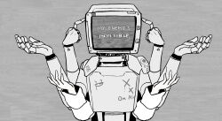  1girl 1other behind_another bodypaint cytus cytus_ii echo_(vocaloid) english_text greyscale highres humanoid_robot joints long_sleeves monitor_head monochrome nora_(cytus) robo_head_(cytus) robot robot_joints static thy_tin upper_body vocaloid 