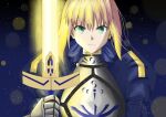 1girl ahoge artoria_pendragon_(all) blonde_hair blue_ribbon breasts cleavage_cutout clothing_cutout excalibur_(fate/stay_night) fate/grand_order fate/stay_night fate_(series) green_eyes hair_bun hair_ribbon holding holding_weapon juliet_sleeves long_sleeves mauri_(whoknowsmauri) medium_breasts puffy_sleeves ribbon saber solo sword weapon