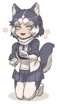  1girl :3 ananna animal_ears black_hair black_jacket black_legwear blue_eyes blush commentary_request dog_ears dog_girl dog_tail elbow_gloves eyebrows_visible_through_hair fangs fur_trim gloves harness highres jacket kemono_friends kinkitsu1824 kneeling multicolored_clothes multicolored_hair multicolored_jacket open_mouth pantyhose paw_pose scarf short_hair siberian_husky_(kemono_friends) solo sweater tail two-tone_hair two-tone_jacket two-tone_legwear white_gloves white_hair white_jacket white_legwear white_scarf white_sweater 