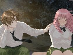  1boy 1girl arms_under_breasts black_necktie blush bow bowtie breasts brown_eyes brown_hair closed_mouth collared_shirt crying dress_shirt drill_hair english_commentary green_pants green_skirt hand_on_another's_shoulder hand_on_own_neck highres katawa_shoujo large_breasts long_hair long_sleeves looking_at_another mikado_shiina miniskirt nakai_hisao necktie night outdoors pants parted_lips pink_hair pleated_skirt ribbon school_uniform shirt short_hair sitting skirt srcrisme tree white_shirt yellow_eyes 