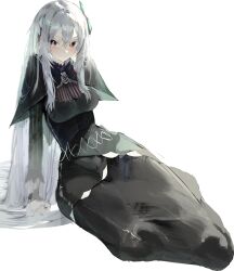  1girl absurdres black_capelet black_dress black_eyes breasts bright_pupils capelet colored_eyelashes dress echidna_(re:zero) hair_between_eyes hair_ornament hair_spread_out highres large_breasts long_dress long_hair looking_at_viewer lying on_side re:zero_kara_hajimeru_isekai_seikatsu secondhand9280 simple_background smile solo white_background white_eyelashes white_hair wide_hips 