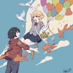  2girls absurdres arm_up bag balloon bird black_eyes black_hair black_pants black_skirt blonde_hair blue_background bouquet brown_shoes clouds collared_shirt commentary cross_tie dove falling fish flower grey_shirt hair_ribbon heart_balloon highres holding holding_balloon hood hooded_jacket jacket jiu_hao_fadian_ji kneehighs kobato_ryoko layered_shirt leg_up loafers long_sleeves looking_at_another lower_teeth_only midair multiple_girls open_mouth outstretched_arm pants petals pleated_skirt red_cross_tie red_jacket red_ribbon ribbon rose shirt shoes short_hair shoujo_kageki_revue_starlight shoujo_kageki_revue_starlight_-re_live- shoulder_bag signature skirt small_sweatdrop socks soga_azuma standing star_(symbol) teeth three-quarter_sleeves untranslatable_commentary violet_eyes white_ribbon white_shirt white_socks yellow_flower yellow_petals yellow_rose 