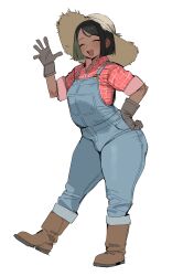  1girl absurdres black_gloves black_hair blue_overalls boots brown_boots brown_hat commentary_request full_body gloves hat highres original overalls plaid_clothes plaid_shirt red_shirt shirt short_hair short_sleeves simple_background standing straw_hat white_background xipa 