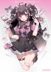  1girl 2025 :o absurdres ahoge bag bandaged_arm bandages bandaid bandaid_on_leg barcode black_bow black_collar blunt_bangs blush bow brown_hair chain collar cosmetics cowboy_shot dated dot_nose energy_drink eyelashes fang frilled_skirt frills gauze gauze_on_knee gauze_on_leg gem gradient_background hair_bow hair_ornament hair_ribbon heart heart-shaped_gem heart_ahoge heart_o-ring high-waist_skirt highres jewelry lace-trimmed_bow lace-trimmed_sleeves lace_bow lace_trim lipstick looking_at_viewer makeup makeup_brush makeup_palette monster_energy moriyama_meiko multicolored_hair necklace o-ring original pearl pearl_hair_ornament pendant phone pink_bow pink_eyes pink_ribbon pink_shirt puffy_short_sleeves puffy_sleeves ribbon scar self-harm self-harm_scar shirt shirt_bow short_sleeves skirt solo streaked_hair thigh_strap tote_bag twintails two-tone_hair v 