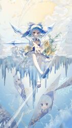  1girl absurdres blue_bow blue_dress blue_eyes blue_hair blue_shoes bow chinese_commentary cirno closed_mouth collared_shirt commentary_request cryokinesis detached_wings dress flower hair_bow highres ice ice_wings looking_at_viewer mary_janes neck_ribbon open_mouth pinafore_dress puffy_short_sleeves puffy_sleeves reaching reaching_towards_viewer red_ribbon ribbon shirt shoes short_sleeves sitting sleeveless sleeveless_dress smile snowflakes socks solo sunflower touhou white_shirt white_socks wings xiazhi64378 yellow_flower 