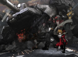  1girl 3boys armor armored_boots armored_vehicle artist_request asymmetrical_dual_wielding belt belt_buckle black_boots black_hair black_pants blonde_hair bodysuit boots buckle cannon chain-link_fence concept_art corset dual_wielding fence fingerless_gloves flamethrower full-length_zipper gloves greaves grey_scarf gun gunz_2_the_second_duel gunz_the_duel handgun harness helmet hip_armor holding holding_flamethrower holding_sword holding_weapon jacket knee_pads mecha multiple_boys official_art pants pouch red_bodysuit red_hair red_jacket rivets robot scarf shoulder_armor spider_tank spotlight submachine_gun sword third-party_source uzi vest weapon yellow_jacket zipper 
