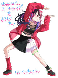  1girl ahoge animal_ear_headphones animal_ears anklet bang_dream! bang_dream!_yumemita black_cape black_hair black_shoes black_skirt black_socks cape choker commentary_request crop_top fake_animal_ears fishnet_top fishnets full_body hair_ornament hairclip headphones headset highres jacket jewelry kuune_rin long_hair looking_at_viewer microphone midriff multicolored_hair open_clothes open_jacket parallel_hairclips pink_hair pink_jacket platform_shoes red_eyes red_socks sengoku_yuno shoes simple_background skirt socks solo tachi-e transparent_background two-tone_hair two-tone_skirt virtual_youtuber white_choker white_skirt x_hair_ornament 