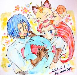  black_gloves blue_eyes blue_hair crop_top earrings elbow_gloves embarrassed gloves green_eyes grey_gloves grumpy hair_slicked_back james_(pokemon) jessie_(pokemon) jewelry logo meowth minmin33r pokemon pokemon_(anime) pokemon_(classic_anime) red_hair single_letter sphere_earrings team_rocket team_rocket_uniform wobbuffet 