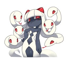  1girl :3 blunt_bangs breasts bright_pupils clothing_cutout colored_skin fang fang_out forked_tongue horns long_hair looking_at_viewer navel_cutout pal_(creature) palworld porforever red_eyes red_horns shaded_face small_breasts snake snake_girl snake_hair snake_tail solo tail tongue upper_body venusa white_background white_hair white_pupils white_snake 