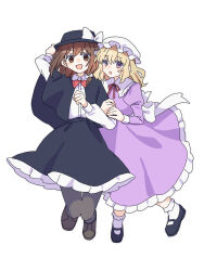  2girls arm_hug back_bow black_capelet black_shoes black_skirt blonde_hair bow bowtie brown_eyes brown_hair capelet collared_dress collared_shirt commentary_request dress frilled_dress frilled_skirt frills full_body hat hat_bow highres long_hair long_sleeves maribel_hearn mary_janes mob_cap multiple_girls neck_ribbon nnn_lu open_mouth purple_dress red_bow red_bowtie red_ribbon ribbon shirt shirt_tucked_in shoes simple_background skirt smile touhou usami_renko white_background white_bow white_hat white_shirt 