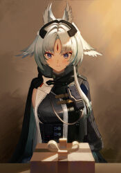  1girl absurdres arcane_(arknights) arknights arknights:_endfield black_jacket blue_eyes blush box brown_background chinese_commentary closed_mouth commentary_request curtained_hair diamond_(shape) diamond_facial_mark embarrassed facial_mark forehead_mark gift gift_box grey_hair highres indoors jacket jiong_chen long_hair long_sleeves parted_bangs partial_commentary solo split_mouth upper_body violet_eyes 