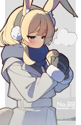  1girl animal_ear_fluff animal_ears black_mittens blonde_hair blue_eyes blue_scarf blunt_bangs blush breath bright_pupils closed_mouth coat commentary_request cowboy_shot cup double-parted_bangs earmuffs fur-trimmed_sleeves fur_trim grey_background highres holding holding_cup long_hair long_sleeves mittens original outside_border pillarboxed rabbit_ears rabbit_girl scarf simple_background solo tetenka thick_eyebrows twitter_username white_coat white_pupils 