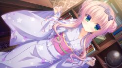  1girl blue_hairband bookshelf bow_hairband braid braided_base bun_with_braided_base closed_mouth collarbone double_bun dutch_angle farnese_atlas furisode game_asset globe green_eyes hair_bun hairband hands_up highres hoshi_furu_yoru_no_farnese indoors japanese_clothes kimono long_hair long_sidelocks looking_at_viewer non-web_source obi obijime pink_hair purple_kimono purple_sash sash self-datamine sidelocks standing star_(symbol) star_print striped_clothes striped_hairband w_arms yukie_(peach_candy) 