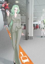  alternate_costume aria_(human)_(zenless_zone_zero) aria_(zenless_zone_zero) ashimi_fugo business_suit collarbone commentary_request day formal_clothes glasses green_eyes green_hair green_pants green_suit highres holding holding_phone isolde_(zenless_zone_zero) long_hair looking_at_another magus_(zenless_zone_zero) mole mole_on_cheek mole_under_eye multiple_girls nangong_yu office_lady one_eye_closed open_mouth pants phone smile subway_station suit sunna_(zenless_zone_zero) zenless_zone_zero 