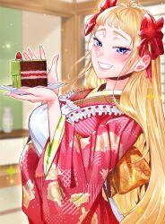  1girl apron blonde_hair blurry blurry_background blush breasts cake cake_slice commentary_request dosanko_gal_wa_namaramenkoi food fruit fuyuki_minami grin hair_ornament highres holding holding_plate ikada_kai indoors japanese_clothes large_breasts long_hair looking_at_viewer plate smile solo strawberry upper_body violet_eyes white_apron 
