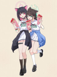  2girls airi_(band)_(blue_archive) airi_(blue_archive) animal_ears black_hair black_jacket black_shoes black_socks blue_archive blue_jacket blunt_bangs blush breasts brown_hair cat_ears choker clothes_around_waist commentary crepe extra_ears food green_eyes green_halo halo highres holding holding_crepe holding_food ice_cream_crepe jacket jacket_around_waist kazusa_(band)_(blue_archive) kazusa_(blue_archive) long_hair looking_at_viewer mask mask_pull mouth_mask multiple_girls open_mouth pink_eyes pink_halo pleated_skirt ranyu shirt shoes short_hair skirt small_breasts smile socks thigh_strap thighs untranslatable_commentary white_shirt white_skirt white_socks 