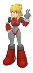  1girl :d aged_up android antennae armor armored_boots arms_up bikini_armor black_gorget blonde_hair bodysuit bodysuit_under_armor boots breast_missiles breastplate breasts clenched_hands covered_navel cowboy_shot earphones full_body gorget green_eyes green_ribbon grey_bodysuit groin hair_between_eyes hair_ribbon hairband hand_on_own_hip hand_up headphones high_ponytail highres hyper_roll_(marvel_vs._capcom) joints knee_boots knee_guards knee_pads large_breasts long_hair looking_at_viewer marvel_vs._capcom marvel_vs._capcom_2 mechanical_arms mechanical_boots mechanical_legs mega_man_(classic) mega_man_(series) metal_gloves miyako_(toykingpaint) ponytail radio_antenna red_armor ribbon robot robot_girl robot_joints roll_(mega_man) shoulder_armor sidelocks simple_background smile solo standing transparent_background v 