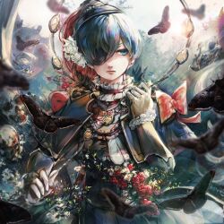  1boy angera_yuu black_butterfly black_capelet blue_eyes blue_hair blurry blurry_foreground bug butterfly capelet child ciel_phantomhive closed_mouth commentary_request eyepatch gloves hair_between_eyes hat highres kuroshitsuji male_focus one_eye_covered plume short_hair solo upper_body white_gloves 