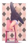  1girl argyle argyle_background arm_up bare_legs barefoot black_shirt blonde_hair chair colored_inner_hair commentary_request feet full_body highres makaino_ririmu multicolored_hair nijisanji no_pants panties pink_hair pointy_ears sabamen shirt short_hair sleeves_past_wrists soles solo tiptoes toes two-tone_hair underwear virtual_youtuber white_panties 