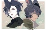  2boys animal_ears bangs black_cape black_shirt border cape character_request closed_mouth copyright_name cropped_torso final_fantasy final_fantasy_xiv from_side fur_trim green_eyes grey_eyes grey_hair hair_between_eyes hair_over_one_eye koujisako long_bangs looking_at_viewer male_focus multiple_boys outside_border parted_bangs parted_lips portrait rabbit rabbit_boy rabbit_ears shirt short_hair simple_background swept_bangs text_focus tongue tongue_out translation_request white_border 