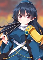  1girl :/ blue_dress blue_hat blurry blush breasts closed_mouth commentary depth_of_field dress hair_between_eyes hat highres holding holding_tripod iizunamaru_megumu long_hair long_sleeves looking_at_viewer medium_breasts pointy_ears red_eyes ribbon-trimmed_sleeves ribbon_trim ruu_(tksymkw) shoulder_guard solo tokin_hat touhou tripod very_long_hair wide_sleeves 